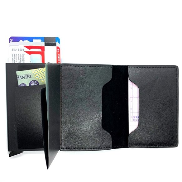 Suport carduri metalic piele neagra