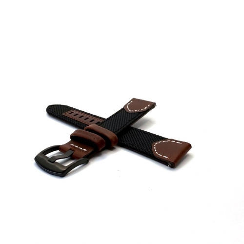 Curea material textil negru dublat cu piele maro