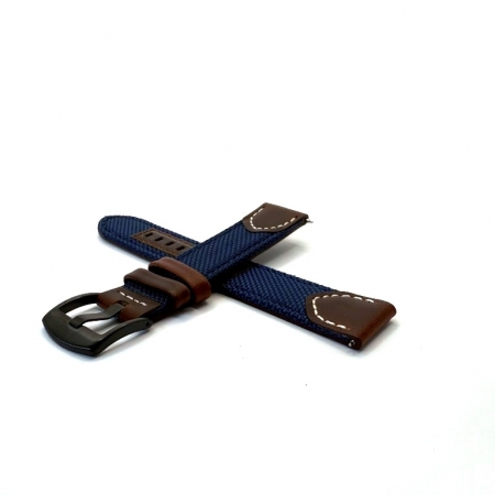 Curea material textil bleumarin dublat cu piele maro