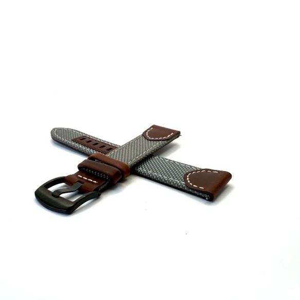 Curea material textil gri dublat cu piele maro